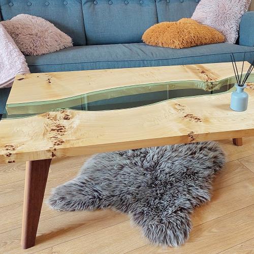 Rectangular Coffee Table in Poplar Burl and American Walnut with Glass Canyon