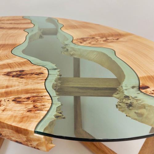 Elliptical Coffee Table in Poplar Burl and Oak with Glass Canyon