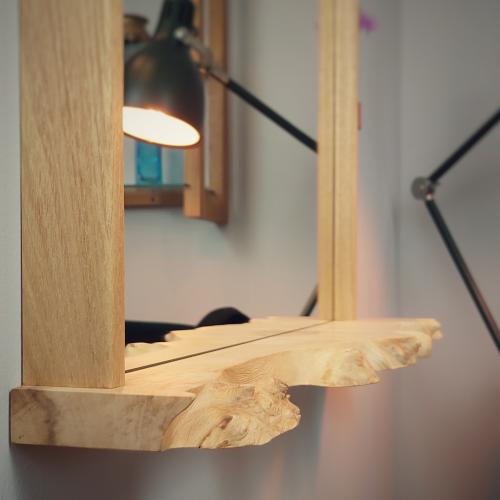 Handmade Mirror in Black Locust Wood Frame with Shelf and Glass Tube Vase